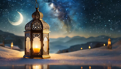 Ramadan promotion concept: Lantern light up at night against the backdrop of the desert and the Milky Way galaxy
