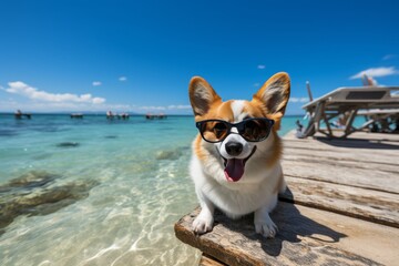 Adorable corgi dog in yellow sunglasses and sun hat relaxing on the beach by the sea