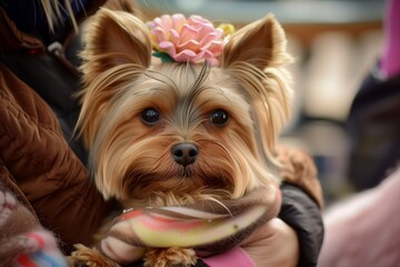 yorkie in a persons arms, engaged in a fashion reality show