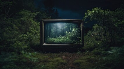 old tv in the forest - obrazy, fototapety, plakaty