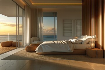 A modern coastal bedroom featuring a spacious bed positioned alongside a window.