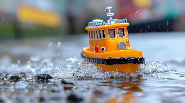 Toy boat in the rain. Selective focus. Shallow depth of field.