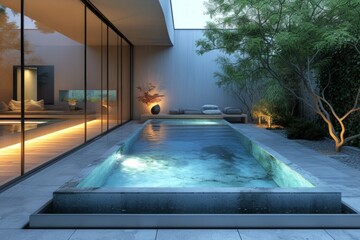 A minimalist and modern swimming pool seamlessly integrated into a backyard, featuring lights along the side. - obrazy, fototapety, plakaty