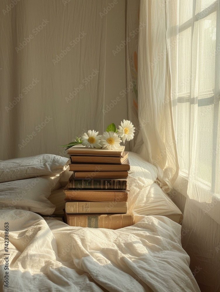 Poster a stack of books on a bed near a window. generative ai.