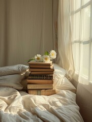 A stack of books on a bed near a window. Generative AI.