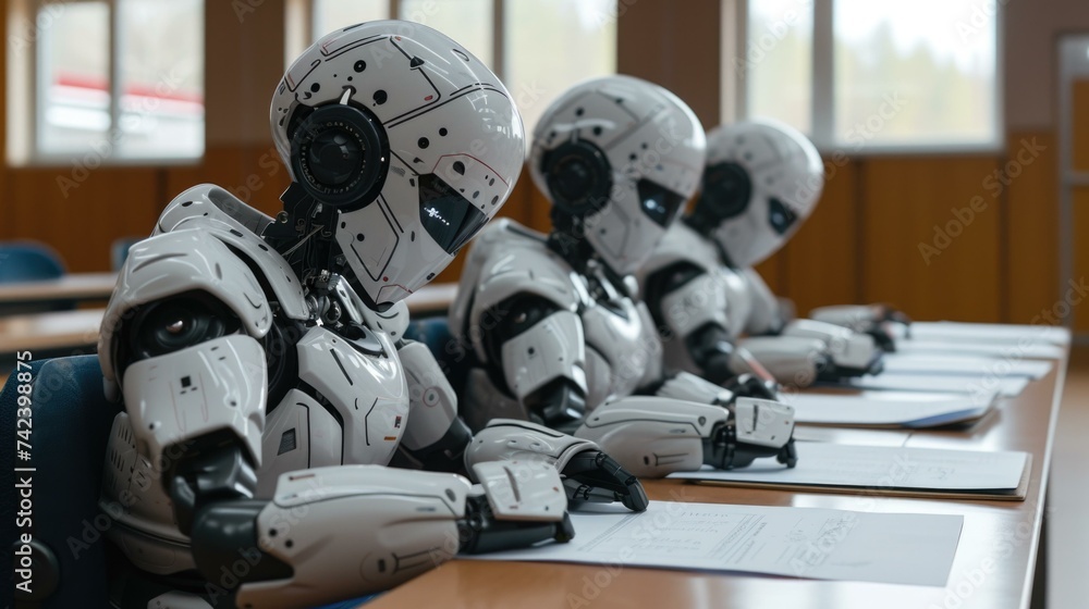 Aufkleber robots are studying in the classroom. generative ai.