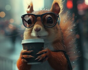 A squirrel wearing glasses and holding a coffee cup. Generative AI. - obrazy, fototapety, plakaty