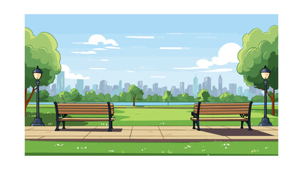 City park with bench and trees. Vector illustration in flat style. - obrazy, fototapety, plakaty