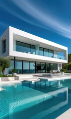 Fototapeta premium A modern house with a pool and a large terrace. Generative AI.
