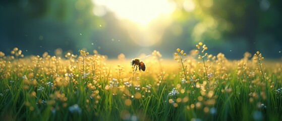 A bee flies through a field of flowers. Generative AI. - obrazy, fototapety, plakaty