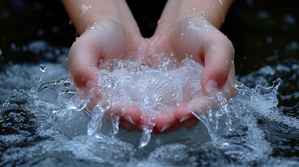 Fototapeta premium Close-up of woman's hands holding ice cube in water. water saving concept