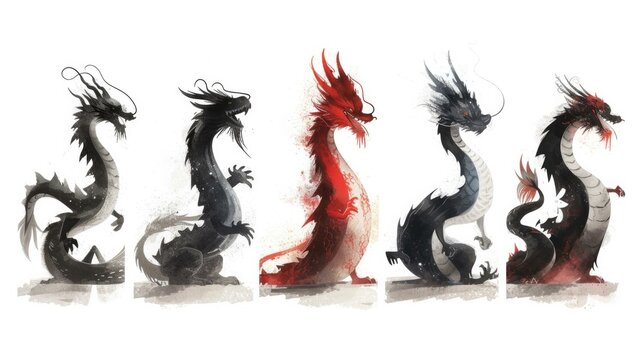 A group of four dragon heads with different colors. Generative AI.