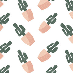 scandinavian houseplant cactus in pink pot seamless pattern. Vector illustration of succulent flower in decorative pot. Modern home plants background. 