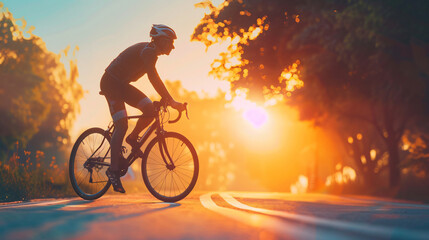 Cyclist in motion on the background of a beautiful sunset.