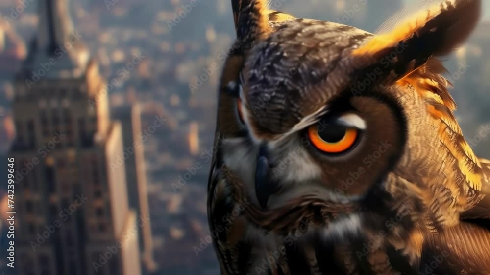 Poster closeup of the wise owls expression adorned with intricate patterns and markings as it observes the 