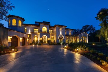 Fototapeta na wymiar luxurious mansion with lit driveway and outdoor spotlights