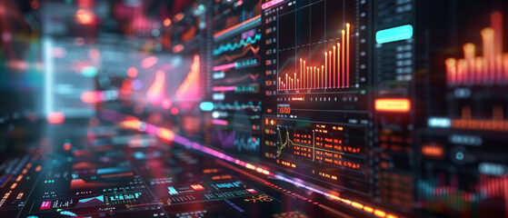 A vibrant display of financial stock market data with dynamic digital graphs, charts, and numbers symbolizing trading activity and market analysis.
