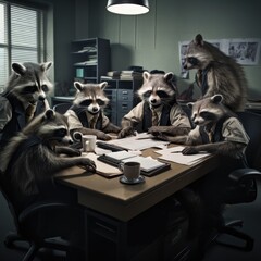 A group of raccoons sitting around a wooden table. Generative AI.