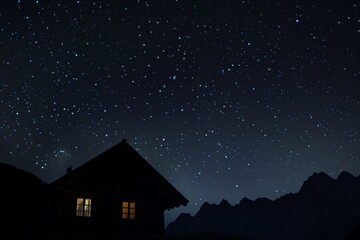 Obraz na płótnie Canvas dimly lit chalet under starry sky, silhouette of mountains