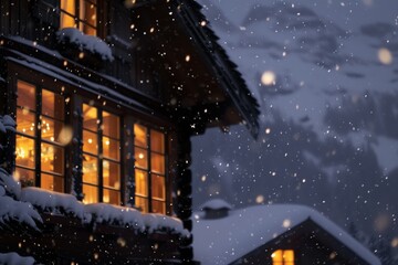 lit windows of chalet at dusk, snowflakes falling