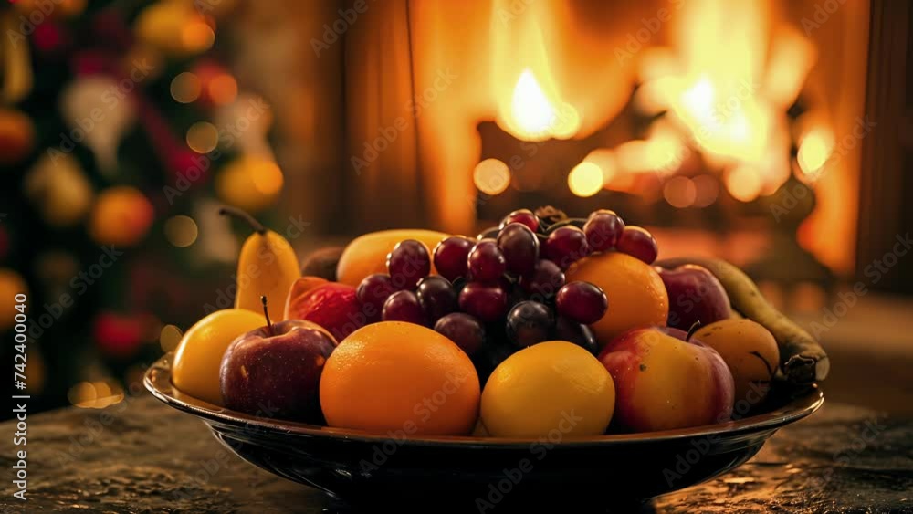 Poster a colorful array of fresh fruits mingle in a bowl near the crackling fireplace highlighted by the wa