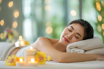woman relaxing in spa portrait of young beautiful asian woman in spa environment	