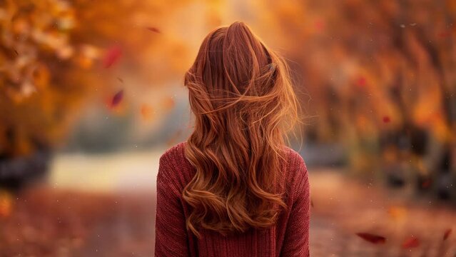 young woman's back in autumn. beautiful autumn scene with a long hair  woman with back side.seamless looping overlay 4k virtual video animation background 