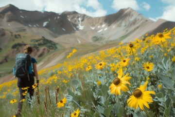 hiker admiring yellow mountain wildflowers