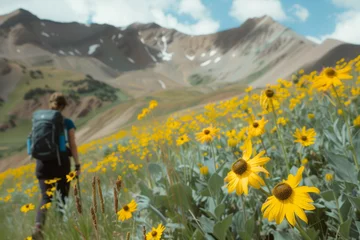 Crédence de cuisine en verre imprimé Monts Huang hiker admiring yellow mountain wildflowers
