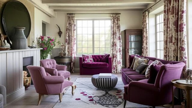Cosy cottage living room with plush sofa, interior design and home decor