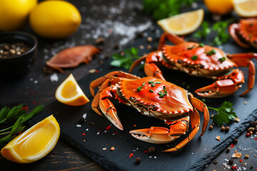 crabes au citron et persil, sur un plateau en ardoise posé sur une table en bois foncé. Délice de la mer - obrazy, fototapety, plakaty