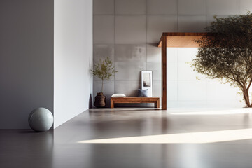 intérieur ultra minimaliste murs bruts meubles en bois et quelques plantes d'intérieur dont un arbre intérieur. - obrazy, fototapety, plakaty