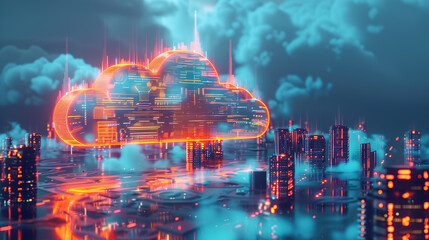 Smart City Network: Data Cloud Technology, Cloud Computing, and Global Business Networking Structure.Cityscape with Data Connections and Global Business Networking Structure - obrazy, fototapety, plakaty