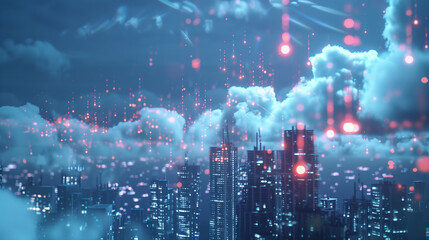 Smart City Network: Data Cloud Technology, Cloud Computing, and Global Business Networking Structure.Cityscape with Data Connections and Global Business Networking Structure