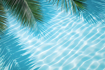 Aqua waves and coconut palm shadow on blue background. Water pool texture top view In the summer - obrazy, fototapety, plakaty