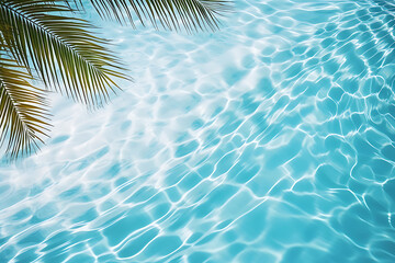 Fototapeta na wymiar Aqua waves and coconut palm shadow on blue background. Water pool texture top view In the summer