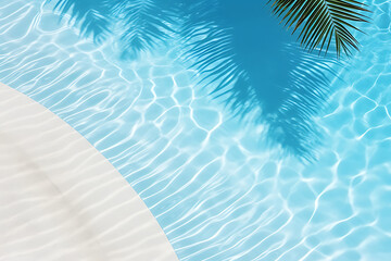Fototapeta na wymiar Aqua waves and coconut palm shadow on blue background. Water pool texture top view In the summer