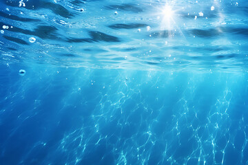 Clear blue water surface with beautiful splashing ripples and soap bubbles. Abstract summer banner background