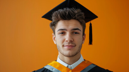 Portrait of a young graduate man wearing academic dress and cap against an orange background, looking confident and smiling subtly at the camera.