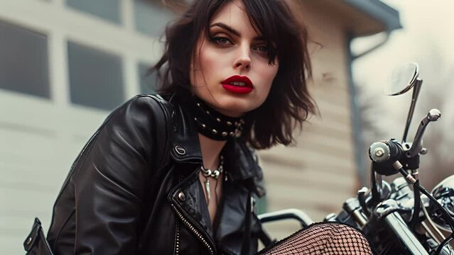 With a black motorcycle jacket ripped fishnet stockings and a bold red lip this goth biker chick is ready to ride off into the night.