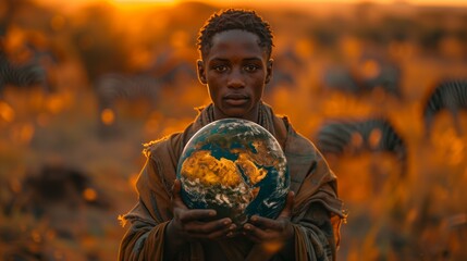A man in a field holds a globe in a happy event celebrating people in nature