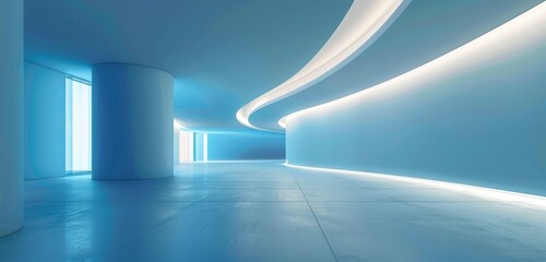 The soft, diffused light enhances the smooth curves of this tranquil blue corridor, giving a sense of calm and modernity.