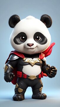 Cute panda in a super hero costume. Fantasy character with a red cape and futuristic armor. Photorealism, high image detail.