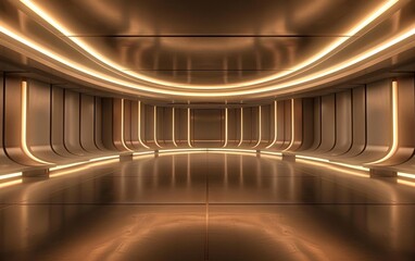 This passage, with its golden glow and curvilinear architecture, invokes a sense of luxury in technology. The smooth lines guide the eye forward, suggesting motion.