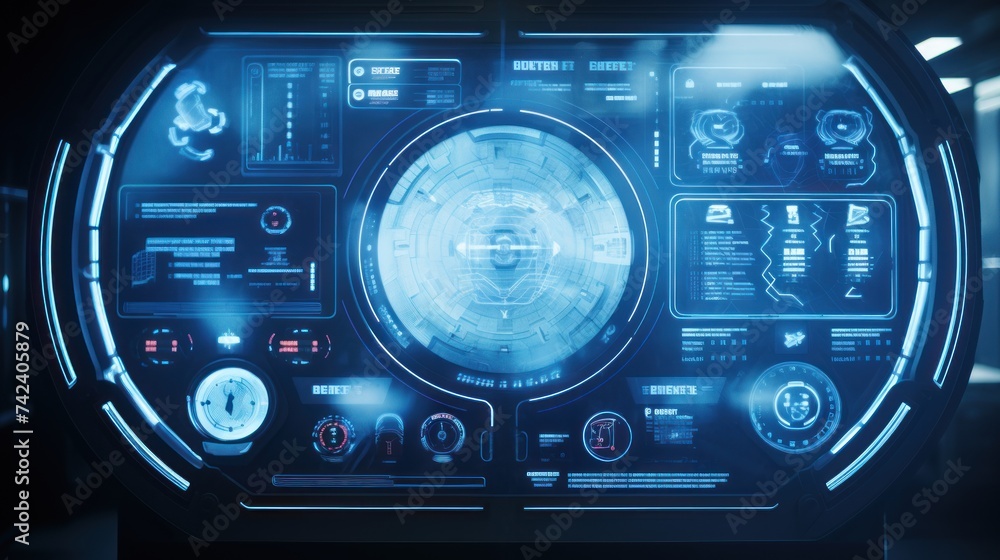 Fototapete futuristic spaceship control panel interface. spacecraft digital dashboard background with indicator