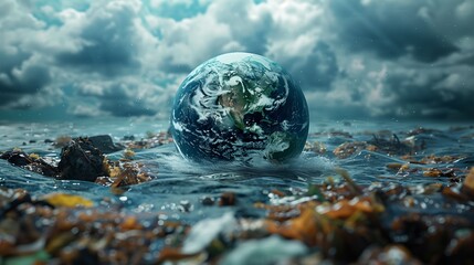 A globe hovers above the waters surface surrounded by a natural landscape