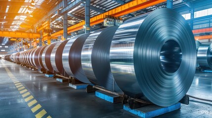 Galvanized sheet steel rolls in the factory warehouse