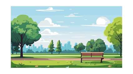 Park scene with bench and city in the background. Vector illustration.