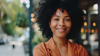 A young black woman smiling as she looks at the camera on a street with a quiet cafe on the outskirts of the city. generative AI