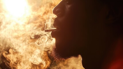 A profile shot of an African American man with a stubble, smoking a cigarette with smoke billowing around him, against a dark and warm-toned backdrop, evoking a feeling of solitude and deep thought